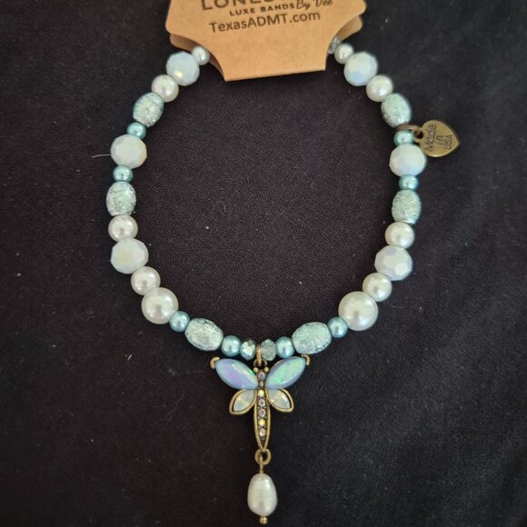 Handcrafted Beaded Hat Band • Dragonfly Charm • Blue & Pearl Western Boho Band - Picture 3 of 4